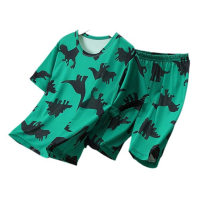 Children's pajamas summer ice silk short-sleeved 2-piece home wear set  Green