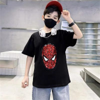T-shirt da bambino a maniche corte per bambini, top estivo in cotone con motivo variabile con paillettes Spider-Man  Nero
