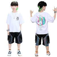 Big children's clothing boys 2024 new children's clothing reflective handsome cool 5-12 years old boys summer trendy two-piece suit  White