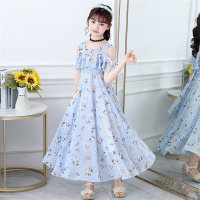 Children's dress girl summer floral long dress middle and large children's stylish super fairy chiffon princess dress female  Blue