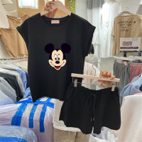 Traje deportivo para mujer, camiseta de verano, pantalones cortos, conjunto de dos piezas, estilo coreano, moda informal holgada  Negro