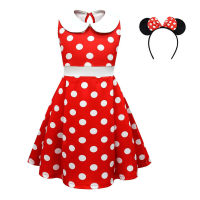 Summer polka dot princess dress Mickey Minnie dress girls sundress dress headband  Red