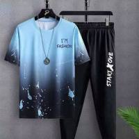 Ice silk short-sleeved T-shirt trousers men's trendy summer casual loose middle-aged and older children's students quick-drying short-sleeved suit  Blue