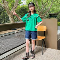 Children's clothing girls summer short-sleeved suit denim shorts two-piece set Korean style children's summer clothing  Green