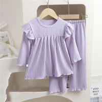 Girls long-sleeved striped pajamas home clothes summer suit student air-conditioning clothes  Purple