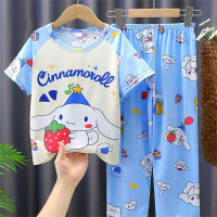 2024 novos pijamas infantis meninas verão calças de manga curta finas roupas para casa terno  Multicolorido