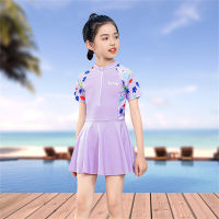 Children's swimsuit girls one-piece dress middle and large children baby split boxer pants conservative girl student swimsuit  Purple