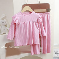 Girls long-sleeved striped pajamas home clothes summer suit student air-conditioning clothes  Pink