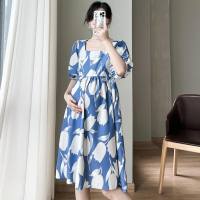 Vestido de maternidad moda de verano manga corta cuello cuadrado vestido estampado falda suelta de talla grande verano neto celebridad vestido de maternidad verano  Azul