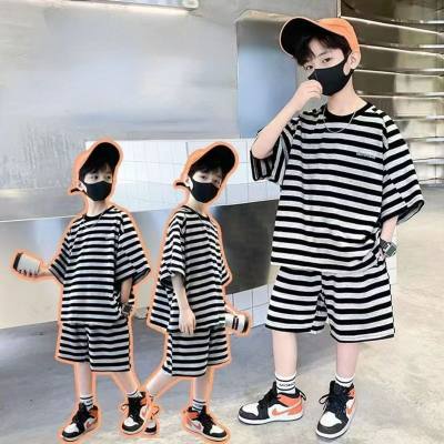 Boys summer handsome striped thin sports suits for middle and large children loose T-shirts and shorts two-piece suits