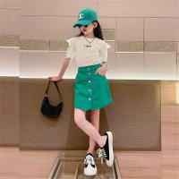 Novo estilo elegante retalhos camiseta saia estilo coreano terno de duas peças para crianças médias e grandes  Branco