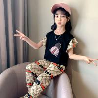 Girls' short-sleeved sports suit Xia Xinzhong big children's fashionable trendy street hip-hop two-piece set  Black