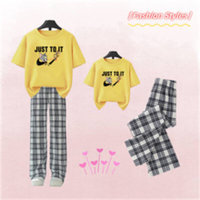 Summer new style cartoon T-shirt for girls, middle and older children, casual loose ice silk trousers suit, pure cotton short sleeves  Yellow