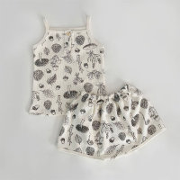 Children's home clothes summer new baby suspender pajamas printed set Nordic waffle baby clothes  Khaki