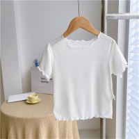 Korean version of girls summer candy color T-shirts for small and medium-sized children, ice silk lace short sleeves, versatile sisters, wooden ear edge tops  White
