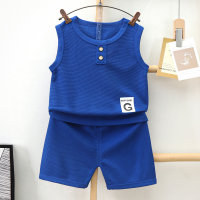 Children's vest suit summer waffle boys and girls shorts summer clothes baby clothing children's clothing manufacturer batch  Blue