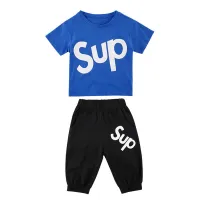 Boys' handsome summer short-sleeved T-shirt sports suit 2-piece set  Blue