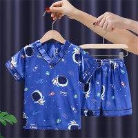 Nuevo estilo pijamas de seda de hielo pantalones cortos de manga corta satén niñas niños dibujos animados verano ropa de hogar con aire acondicionado  Azul
