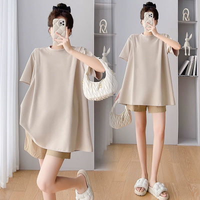 Summer short-sleeved maternity suit, fashionable, age-reducing, belly-covering T-shirt top, trendy mom outing two-piece suit