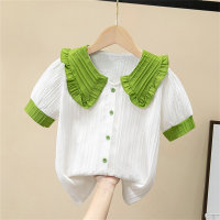 Children's lace versatile large lapel sweet doll collar short-sleeved thin cotton top shirt  Green