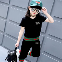 Children's clothing boys sports suit short-sleeved cropped pants girls casual two-piece set threaded stitching  Black