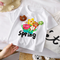 Camiseta de manga corta de algodón puro para niñas, camiseta de oso de media manga, tridimensional, versátil y pequeña, con flores para niñas  Blanco