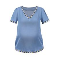 eBay Amazon 2023 spring and summer hot-selling new European and American simple solid color striped lace short-sleeved maternity T-shirt  Blue