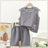 Children's vest suit summer waffle boys and girls shorts summer clothes  Gray