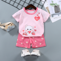 Children's short-sleeved suit pure cotton T-shirt baby summer children's clothing girls shorts baby clothes summer clothing  Pink