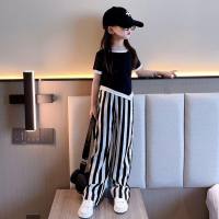 Girls summer clothes Korean version 2023 new fashionable children's clothes thin style contrast color short-sleeved tops cool wide-leg pants two-piece set  Black