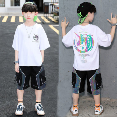 Big children's clothing boys 2024 new children's clothing reflective handsome cool 5-12 years old boys summer trendy two-piece suit