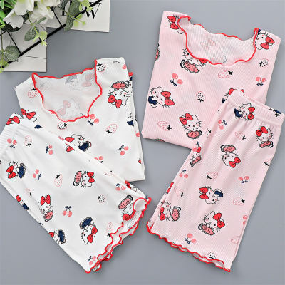 Ice silk children's girls summer new short-sleeved shorts home clothes pajamas set cute air-conditioned clothes breathable two-piece set