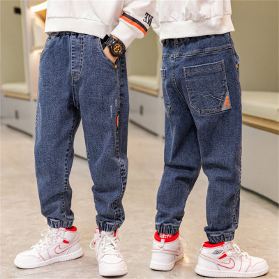Roupas infantis meninos bolso traseiro carta jeans calças médias e grandes para crianças calças infantis