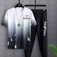 Ice silk short-sleeved T-shirt trousers men's trendy summer casual loose middle-aged and older children's students quick-drying short-sleeved suit  White