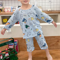 Trajes de manga corta para niños Ropa de aire acondicionado de manga tres cuartos para niños finos de verano Ropa de hogar para niñas Trajes de pijamas para niños pequeños y medianos  Azul