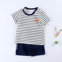 Sommer-Kinderanzug aus reiner Baumwolle, halbärmeliges Kinder-T-Shirt, Sport- und Heimbekleidung  schwarze und weiße Streifen