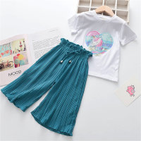 Summer Girls' Sequined Unicorn Short Sleeve Tops Solid Color Wide Leg Pants 2-Pack  Blue