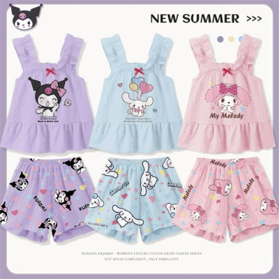 Cute and sweet little girl printed suspenders bow pajamas