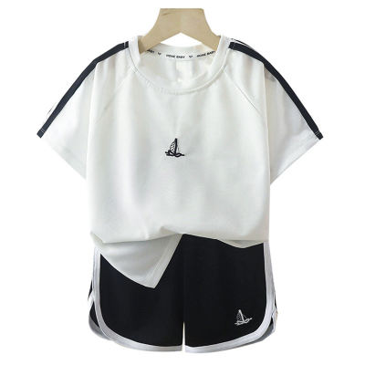 Children's summer short-sleeved suit, girl's short-sleeved shorts sports suit, baby boy's half-sleeved sailboat trendy style