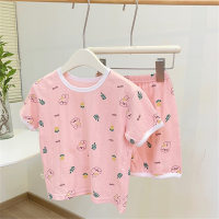 Girls Summer Mesh Jacquard Three Quarter Sleeve Home Air Conditioning Suit Pajamas Two Piece Set  Pink