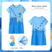 Children's pajamas girls summer princess trend style net celebrity cute thin short-sleeved girls nightdress outer wear  Blue