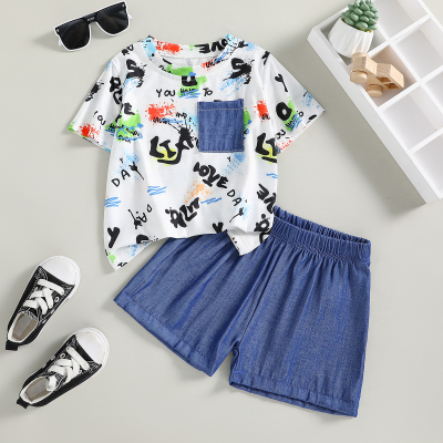 Boys' suit cartoon colorful mixed dyed print short-sleeved shorts two-piece suit