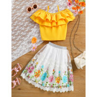 Summer children's skirt suit two-piece high waist skirt ruffled  Yellow