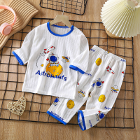 Children's pure cotton home clothes suit summer long-sleeved pajamas thin air-conditioning clothes boys and girls clothes  Blue