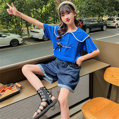 Children's clothing girls summer short-sleeved suit denim shorts two-piece set Korean style children's summer clothing