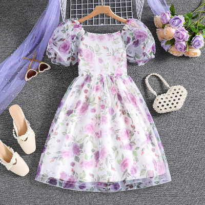 Summer Purple Puff Sleeve Puff Skirt French Floral Princess Dress