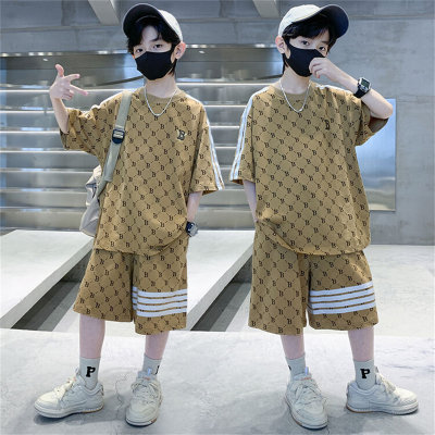 New summer children's short-sleeved shorts suits for small and medium-sized boys with letter prints and candy-colored sports and leisure two-piece suits