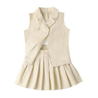 Summer girls suspender T-shirt + skirt + vest jacket three-piece suit British style pleated skirt suit  Khaki