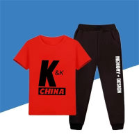 K letter short-sleeved trousers suit short-sleeved T-shirt for boys and girls 2024 summer new children's sportswear for middle and large children  Red