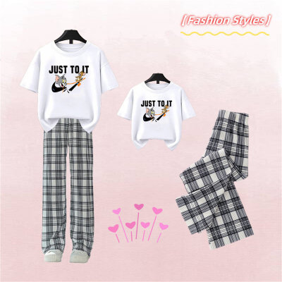 Summer new style girls' cartoon T-shirts for big and medium-sized children, casual loose ice silk trousers suits, pure cotton short sleeves